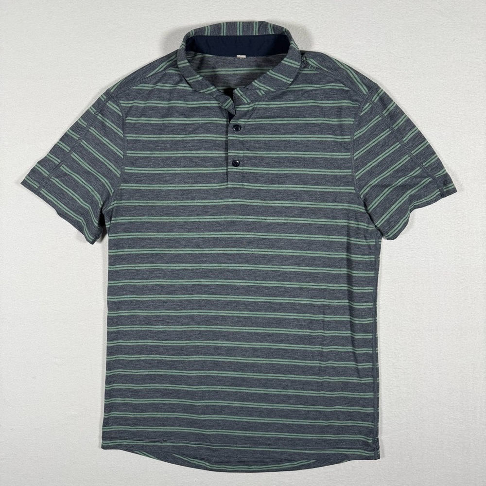 Lululemon Performance Polo propel Men's Medium Stripes blue green Gray‎ Teal